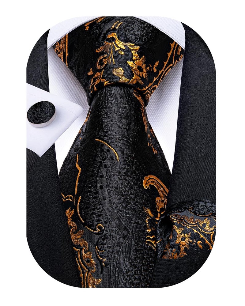 DiBanGu Mens Tie Set Silk Solid Paisley Necktie and Pocket Square Cufflinks Classic Formal Ties for Men Wedding Party, Black Gold - Image 3